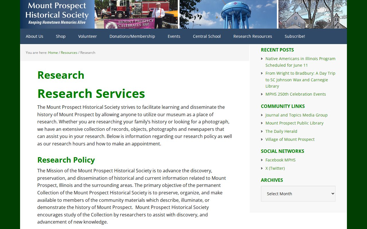 Mount Prospect Historical Society research collections for Mount Prospect previous residents research