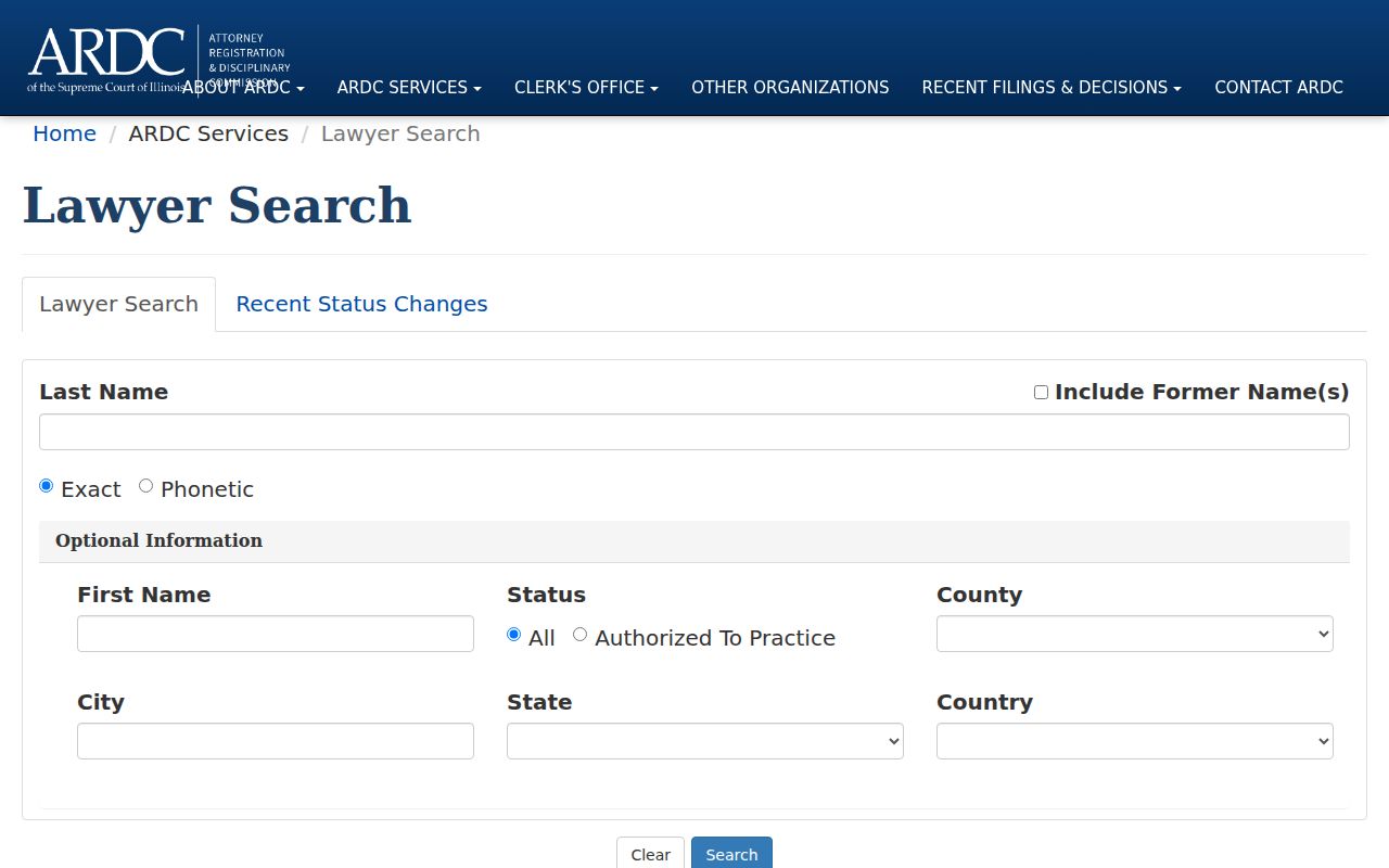 Illinois ARDC lawyer search fields for name, status, county, and city for a Mount Prospect resident lookup