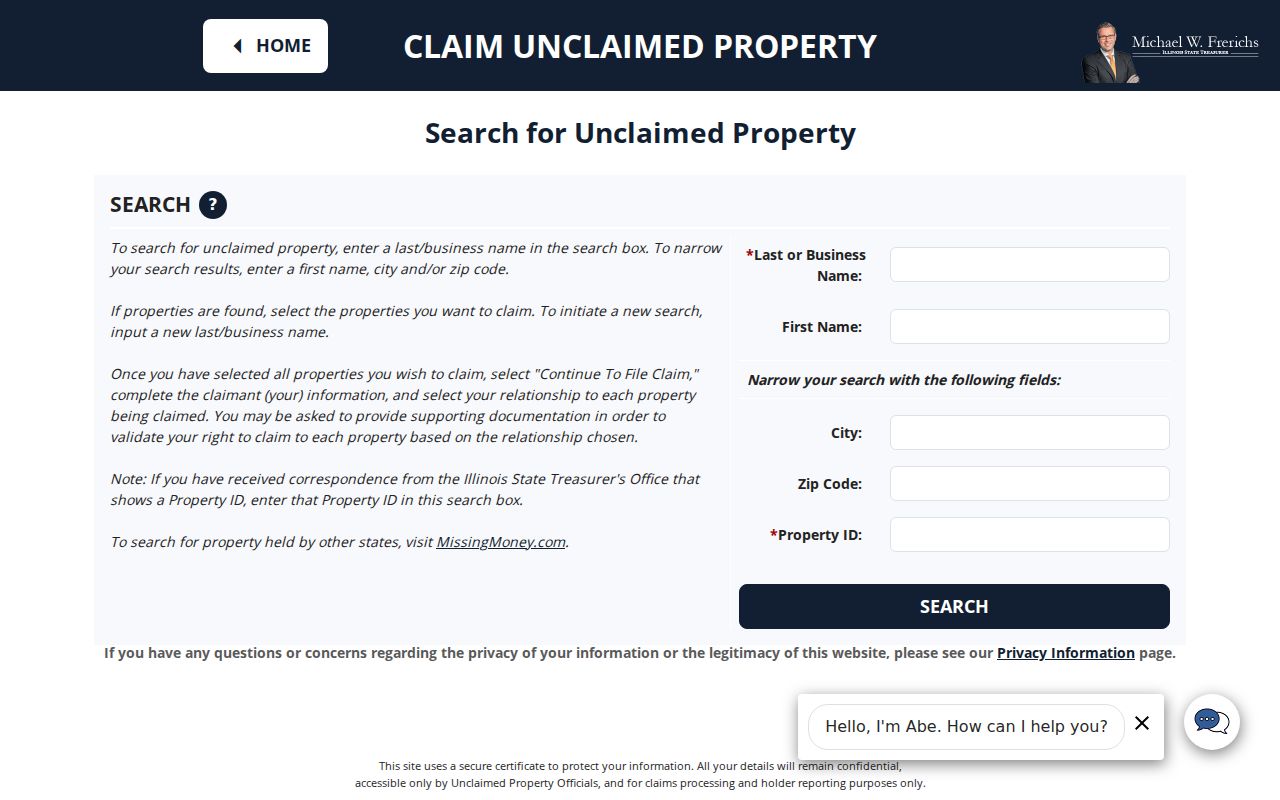 Illinois Treasurer I-CASH claim search with name, city, and ZIP fields for a Mount Prospect resident lookup