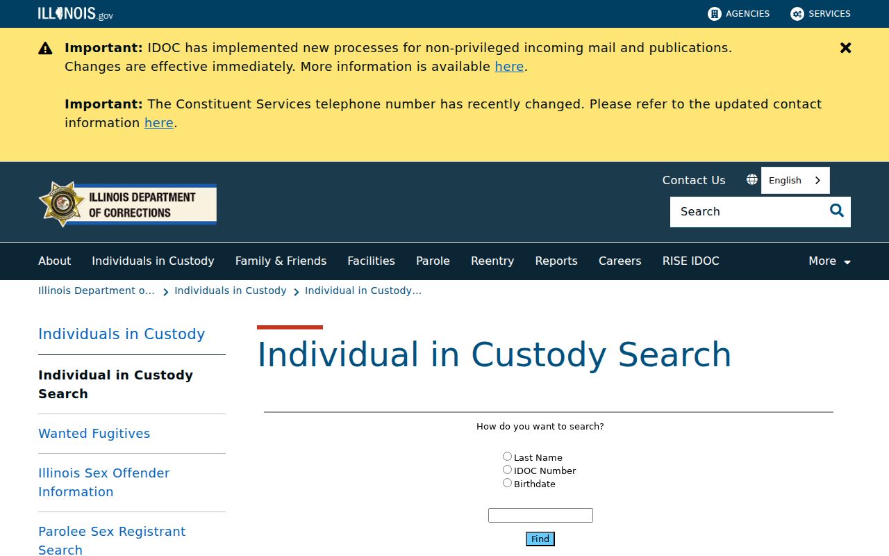 Illinois Department of Corrections inmate search interface for a Mount Prospect resident lookup