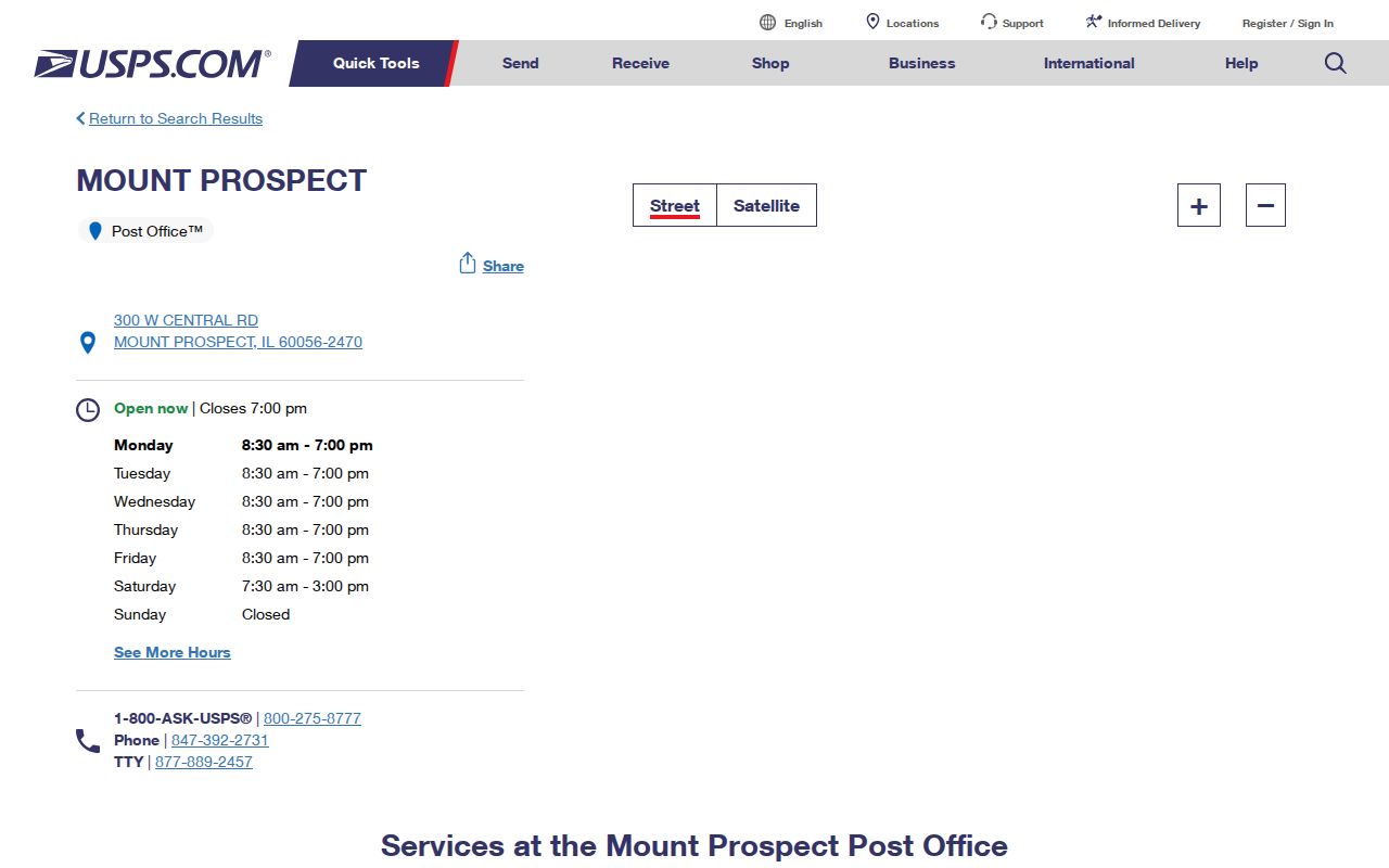 USPS Mount Prospect Post Office page for ZIP code 60056 for the Mount Prospect ZIP code directory