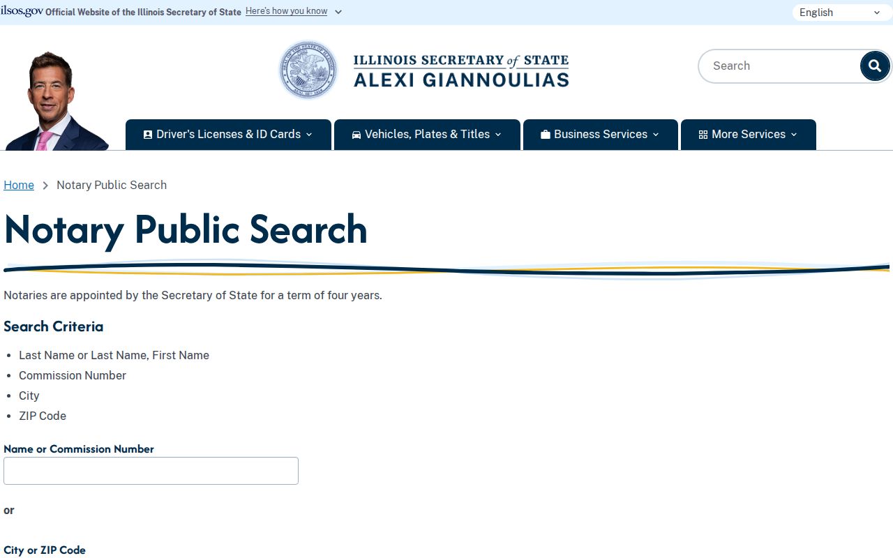 Illinois Secretary of State notary search with city and ZIP controls for the Mount Prospect ZIP code directory
