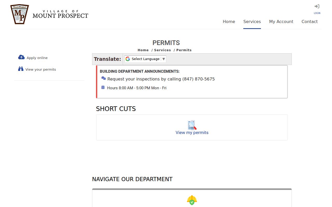 Mount Prospect Citizenserve permit address search screen for the Mount Prospect ZIP code directory